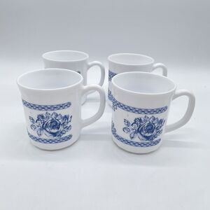 Arcopal France Honorine Blue Rose Set of 4 Coffee Mugs Vintage Milk Glass 3.5”